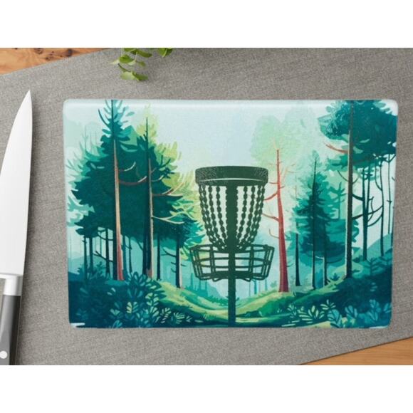 Disc Golf Basket Trees Glass Cutting Board Discgolf Kitchen Cooking Gift - Picture 1 of 2
